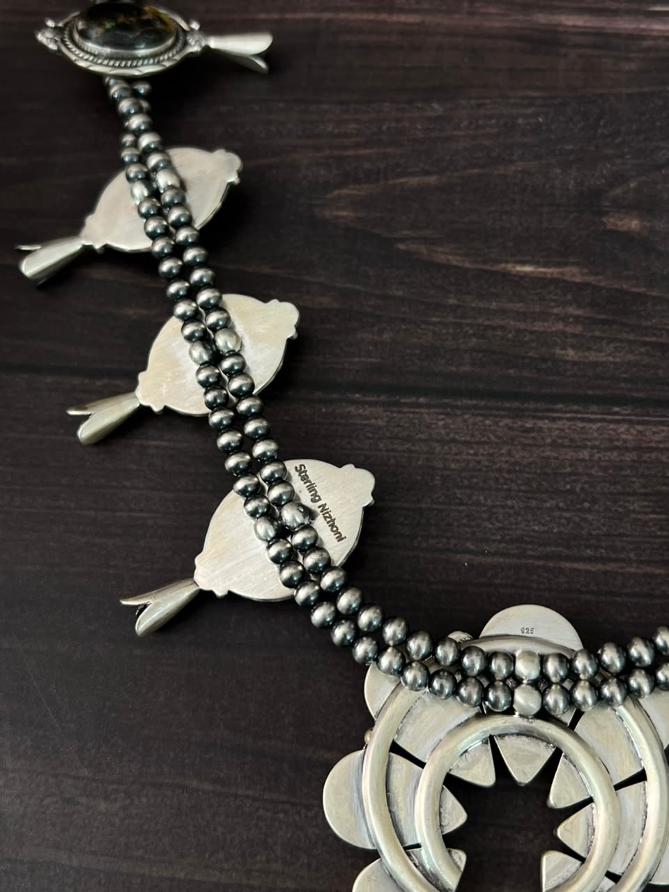 Handmade Sterling Silver Blackjack Turquoise Collection: Squash Blossom Naja Beaded Necklace Signed Nizhoni