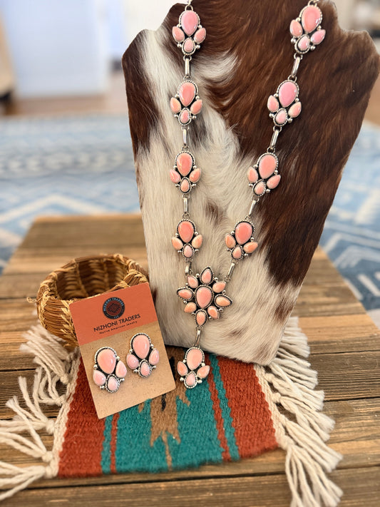Handcrafted Queen Pink Conch & Sterling Silver Cluster Necklace and Earring Set by Fred Francis