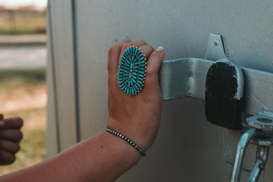 Philena Byjoe Navajo Sterling Silver Cluster Ring with Turquoise — Size 8 (Hallmark PB)