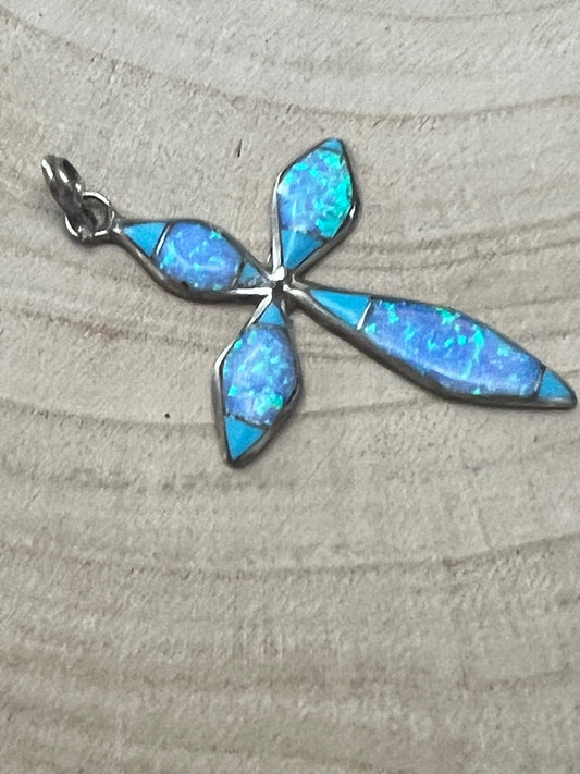 James Kee Navajo Turquoise & Opalite Inlay Cross Pendant — Sterling Silver, Signed JK