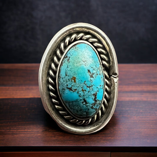 Vintage Sterling Silver Turquoise Ring with Shadowbox & Rope Back — Size 8 (Native-Style)
