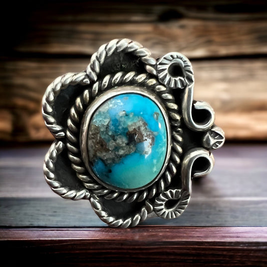 Hand-Stamped Sterling Silver Turquoise Ring — Size 5 (Native-Style)