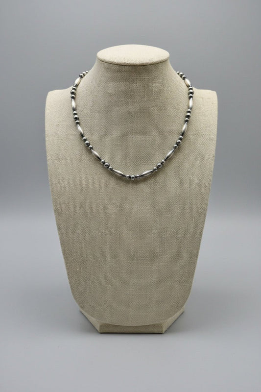 Sterling Silver Torpedo Bead Necklace with 5mm & 6mm Sterling Pearl Accents — 15 inch (Made in USA)