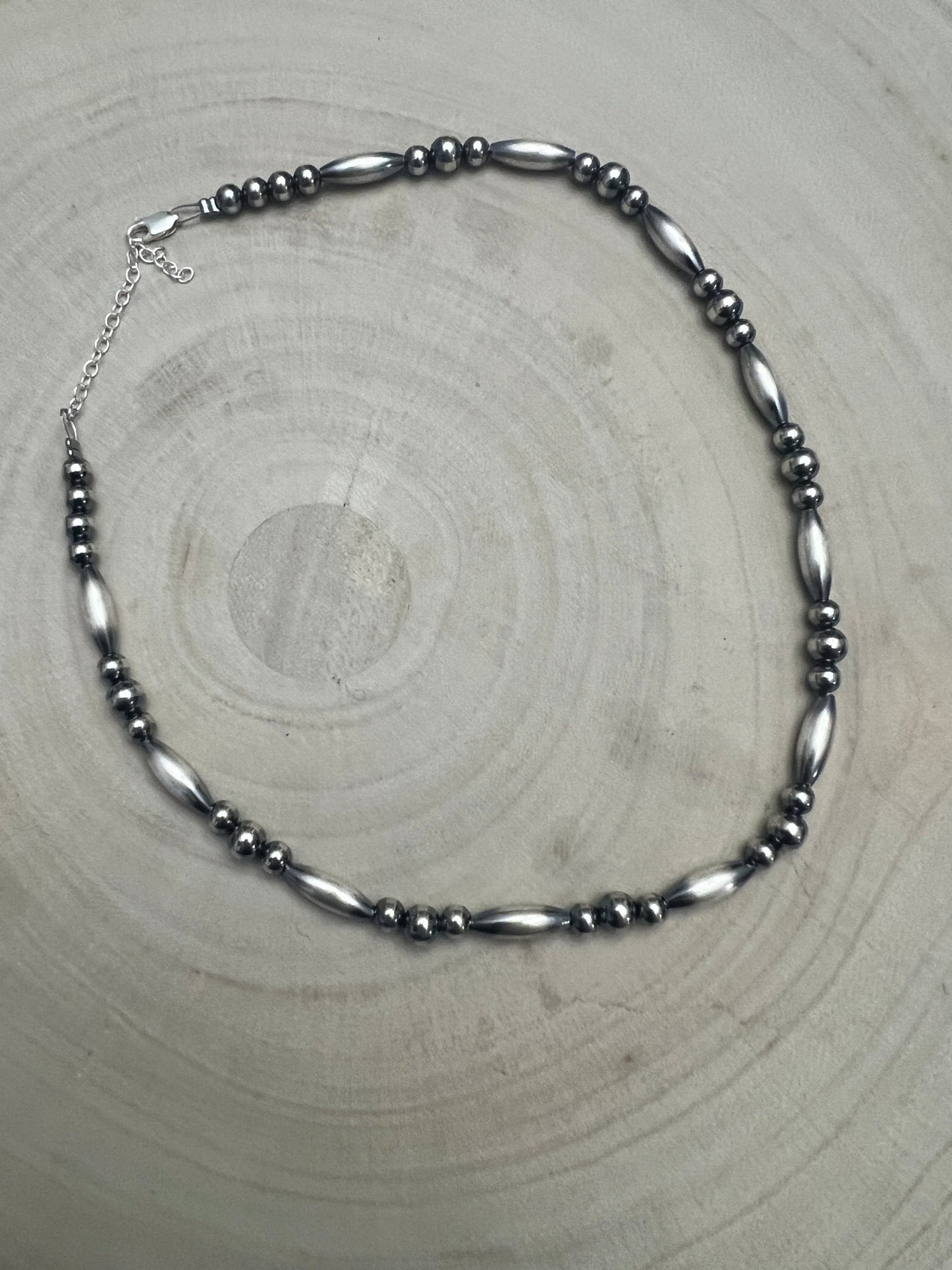 Sterling Silver Torpedo Bead Necklace with 5mm & 6mm Sterling Pearl Accents — 15 inch (Made in USA)
