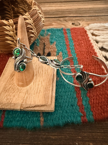Handcrafted Old Pawn Abalone & Sterling Silver Cuff Bracelet with Hand Chain
