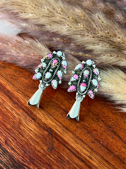 Handmade Sterling Silver Cotton Candy Post Studs Squash Blossom Earrings Signed Nizhoni