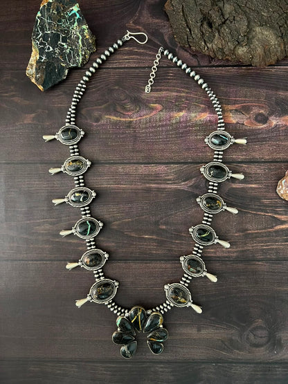 Handmade Sterling Silver Blackjack Turquoise Collection: Squash Blossom Naja Beaded Necklace Signed Nizhoni