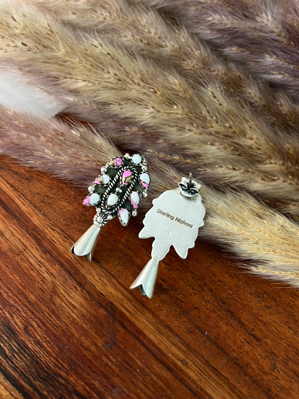 Handmade Sterling Silver Cotton Candy Post Studs Squash Blossom Earrings Signed Nizhoni