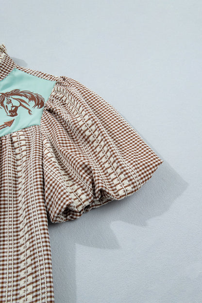 Western Pony Embroidered Gingham Puff Sleeve Blouse