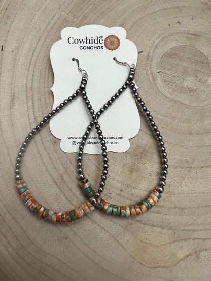 3mm Sterling Silver Pearl Teardrop with Orange Spiny Oyster/Turquoise Earrings - 4 inch drop