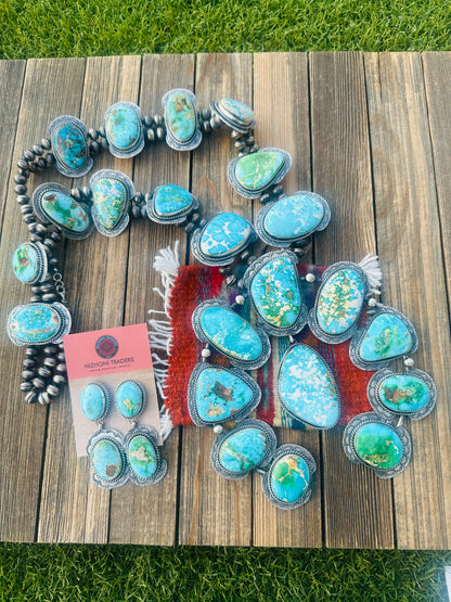 Handcrafted Turquoise & Sterling Silver Squash Blossom Necklace and Earring Set by Betta Lee