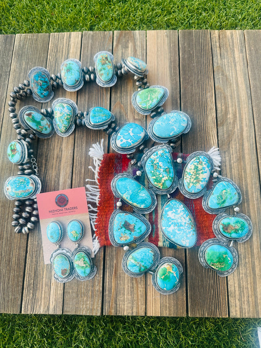 Handcrafted Turquoise & Sterling Silver Squash Blossom Necklace and Earring Set by Betta Lee