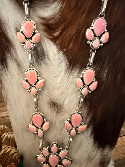 Handcrafted Queen Pink Conch & Sterling Silver Cluster Necklace and Earring Set by Fred Francis