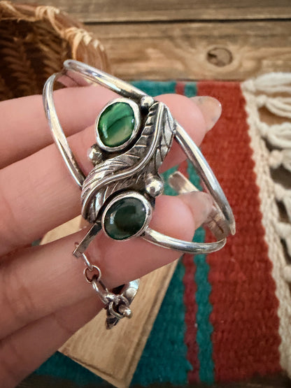 Handcrafted Old Pawn Abalone & Sterling Silver Cuff Bracelet with Hand Chain