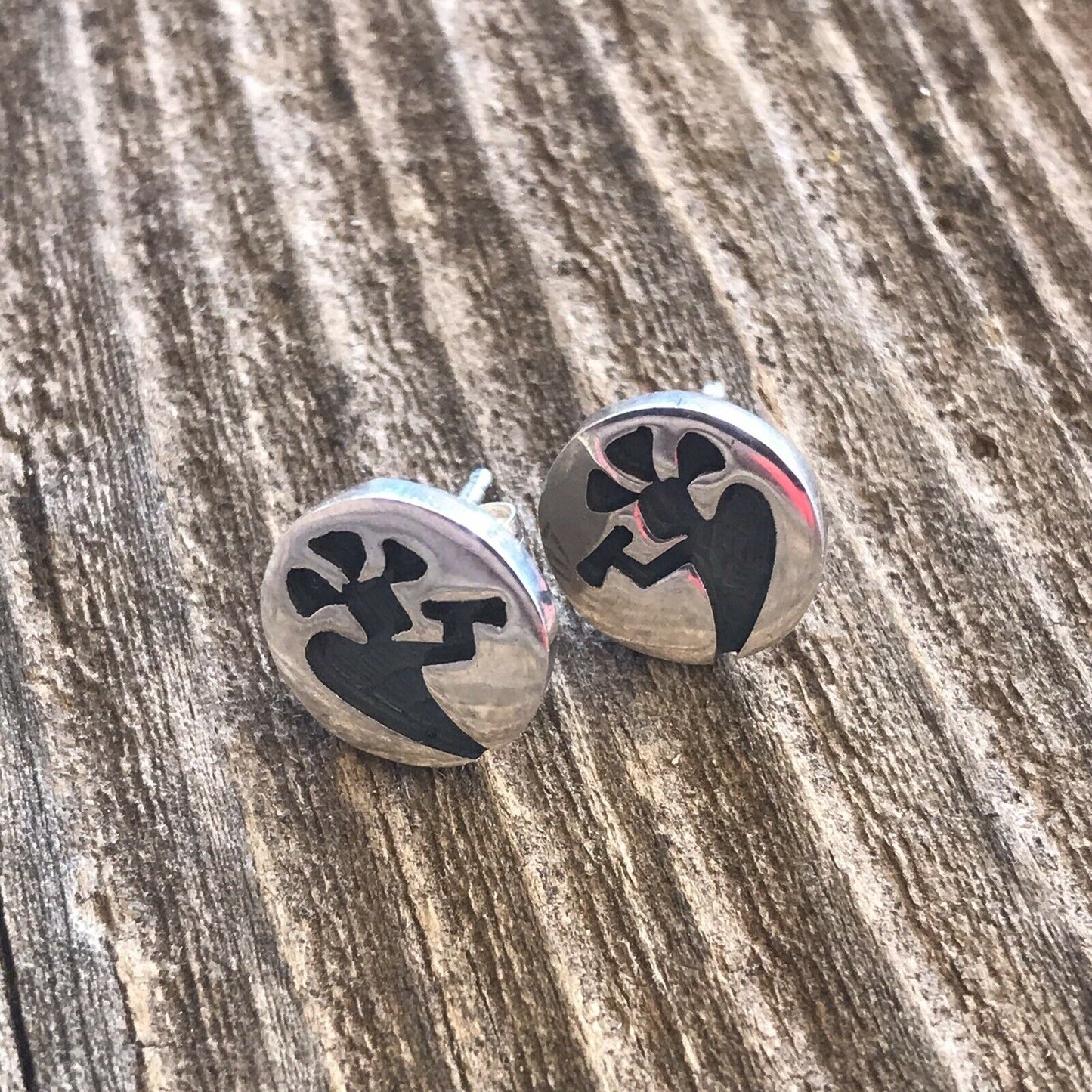 Handcrafted Sterling Silver Kokopelli Hand Stamped Stud Earrings