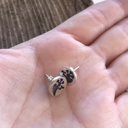 Handcrafted Sterling Silver Kokopelli Hand Stamped Stud Earrings