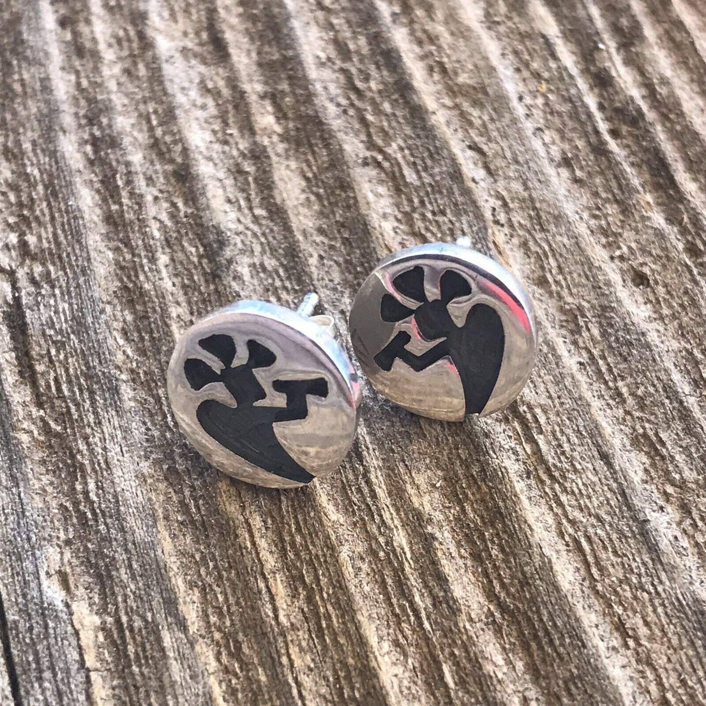 Handcrafted Sterling Silver Kokopelli Hand Stamped Stud Earrings