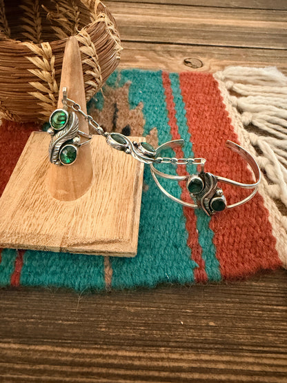 Handcrafted Old Pawn Abalone & Sterling Silver Cuff Bracelet with Hand Chain