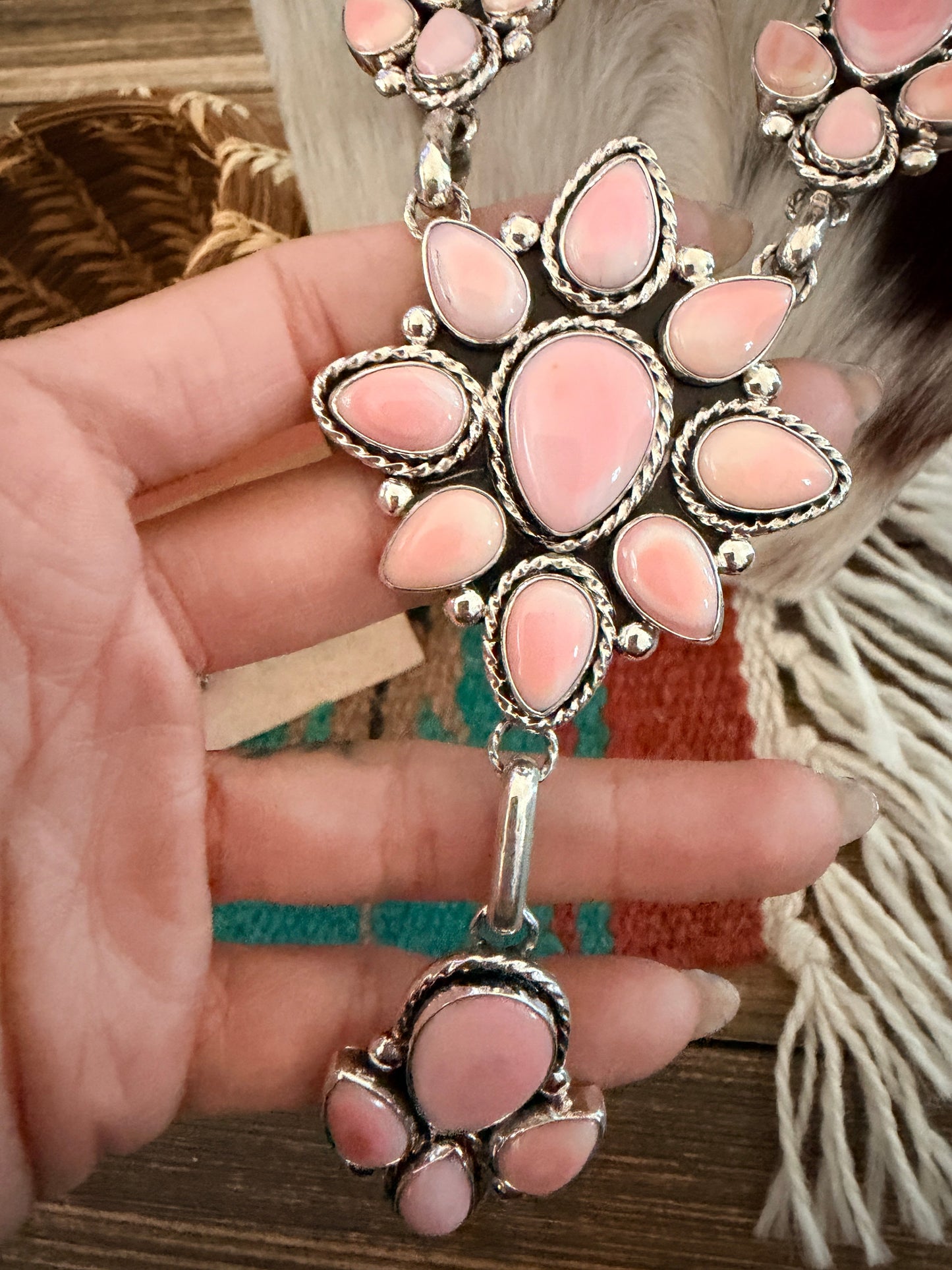 Handcrafted Queen Pink Conch & Sterling Silver Cluster Necklace and Earring Set by Fred Francis