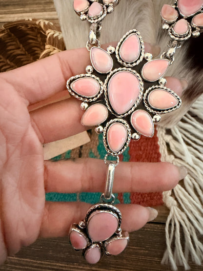 Handcrafted Queen Pink Conch & Sterling Silver Cluster Necklace and Earring Set by Fred Francis