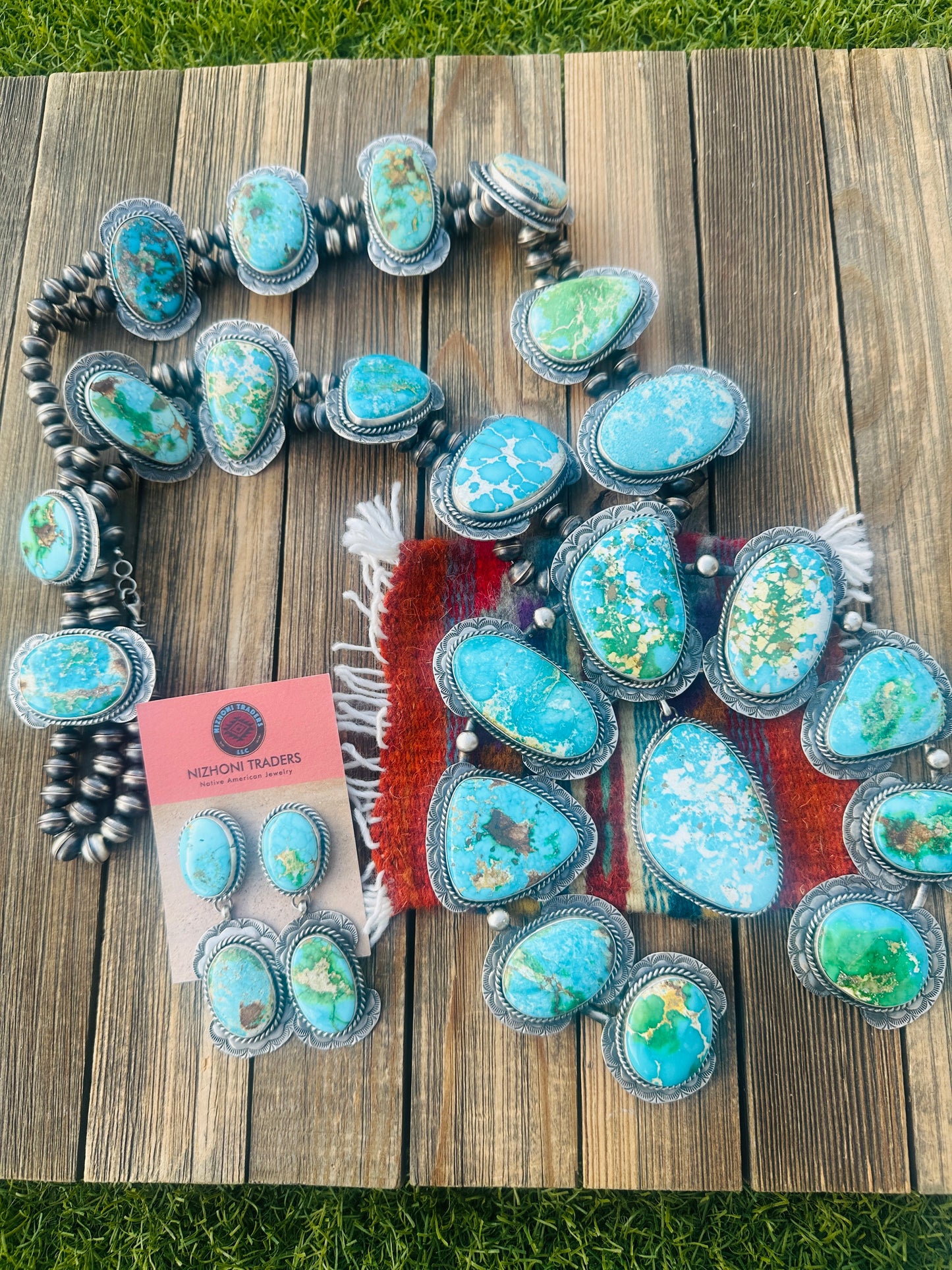 Handcrafted Turquoise & Sterling Silver Squash Blossom Necklace and Earring Set by Betta Lee