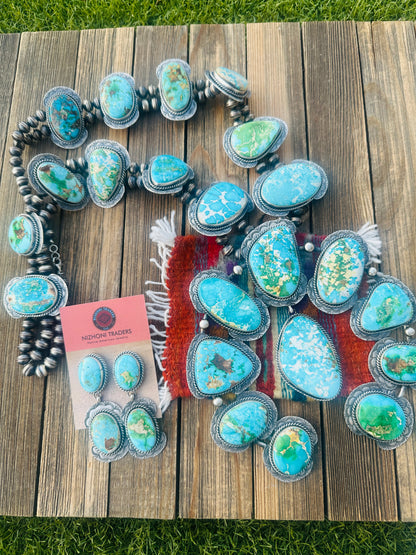 Handcrafted Turquoise & Sterling Silver Squash Blossom Necklace and Earring Set by Betta Lee