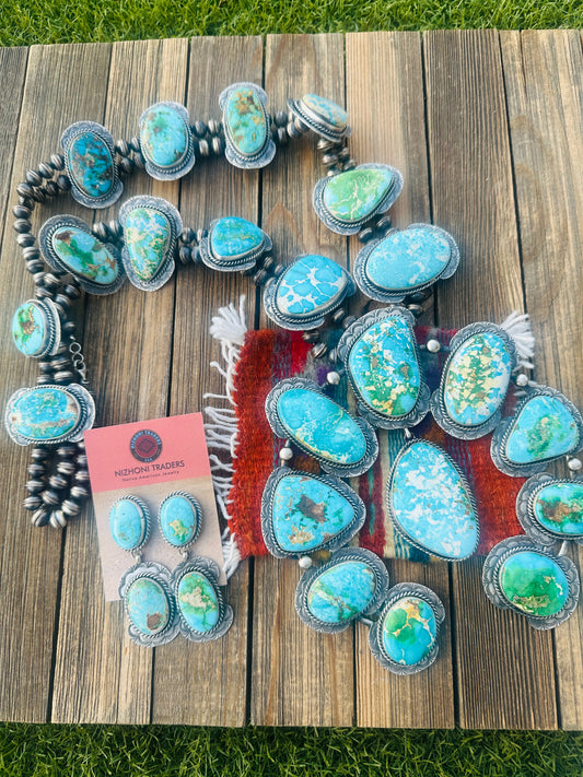 Handcrafted Turquoise & Sterling Silver Squash Blossom Necklace and Earring Set by Betta Lee