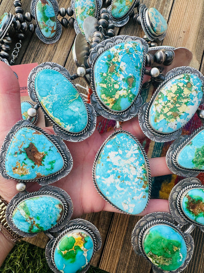 Handcrafted Turquoise & Sterling Silver Squash Blossom Necklace and Earring Set by Betta Lee