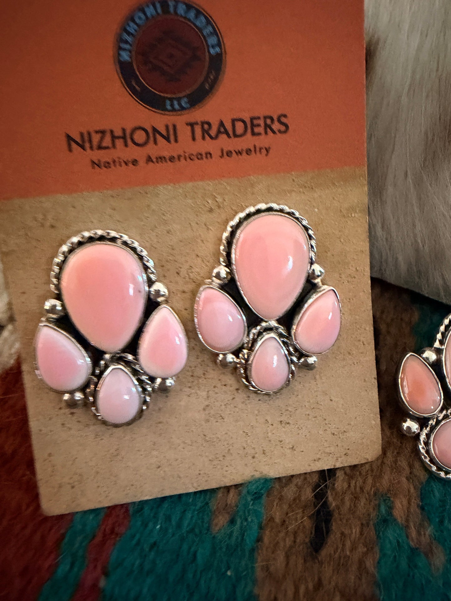 Handcrafted Queen Pink Conch & Sterling Silver Cluster Necklace and Earring Set by Fred Francis