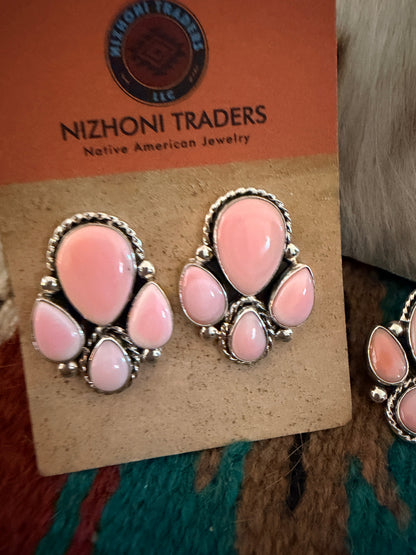 Handcrafted Queen Pink Conch & Sterling Silver Cluster Necklace and Earring Set by Fred Francis