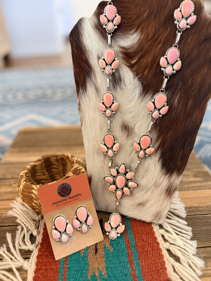 Handcrafted Queen Pink Conch & Sterling Silver Cluster Necklace and Earring Set by Fred Francis