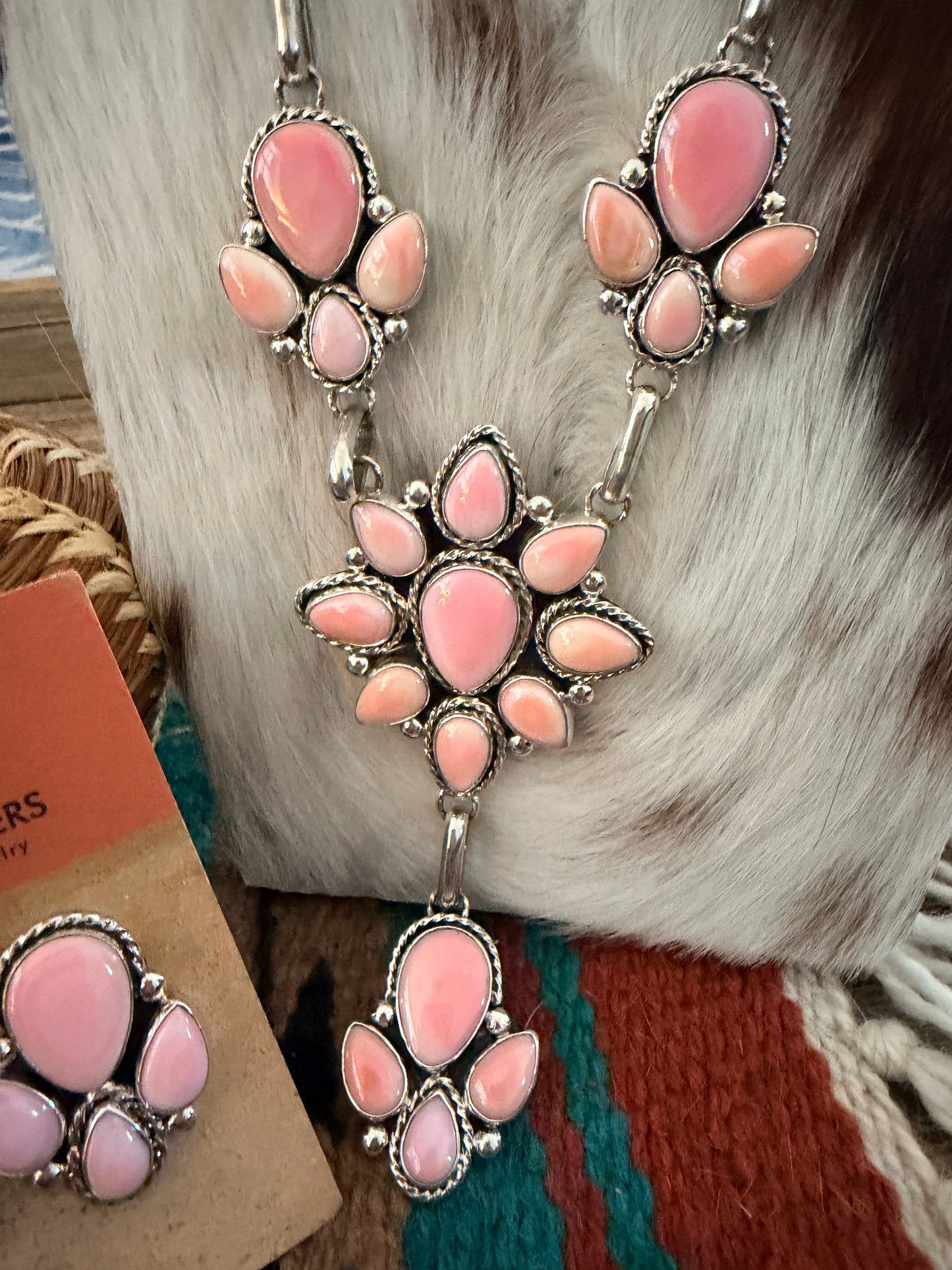 Handcrafted Queen Pink Conch & Sterling Silver Cluster Necklace and Earring Set by Fred Francis
