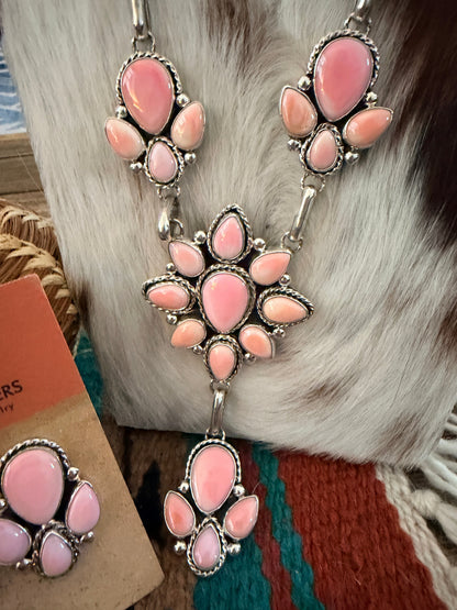 Handcrafted Queen Pink Conch & Sterling Silver Cluster Necklace and Earring Set by Fred Francis