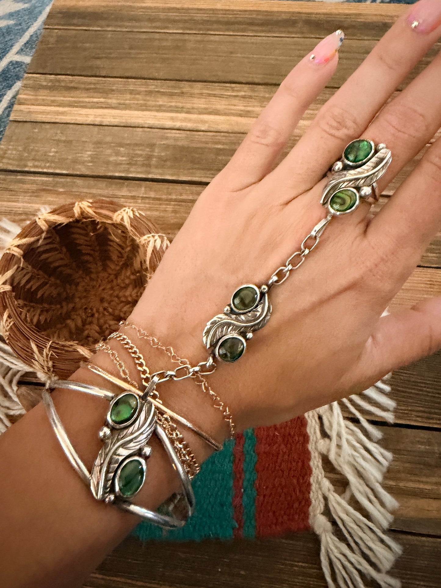Handcrafted Old Pawn Abalone & Sterling Silver Cuff Bracelet with Hand Chain