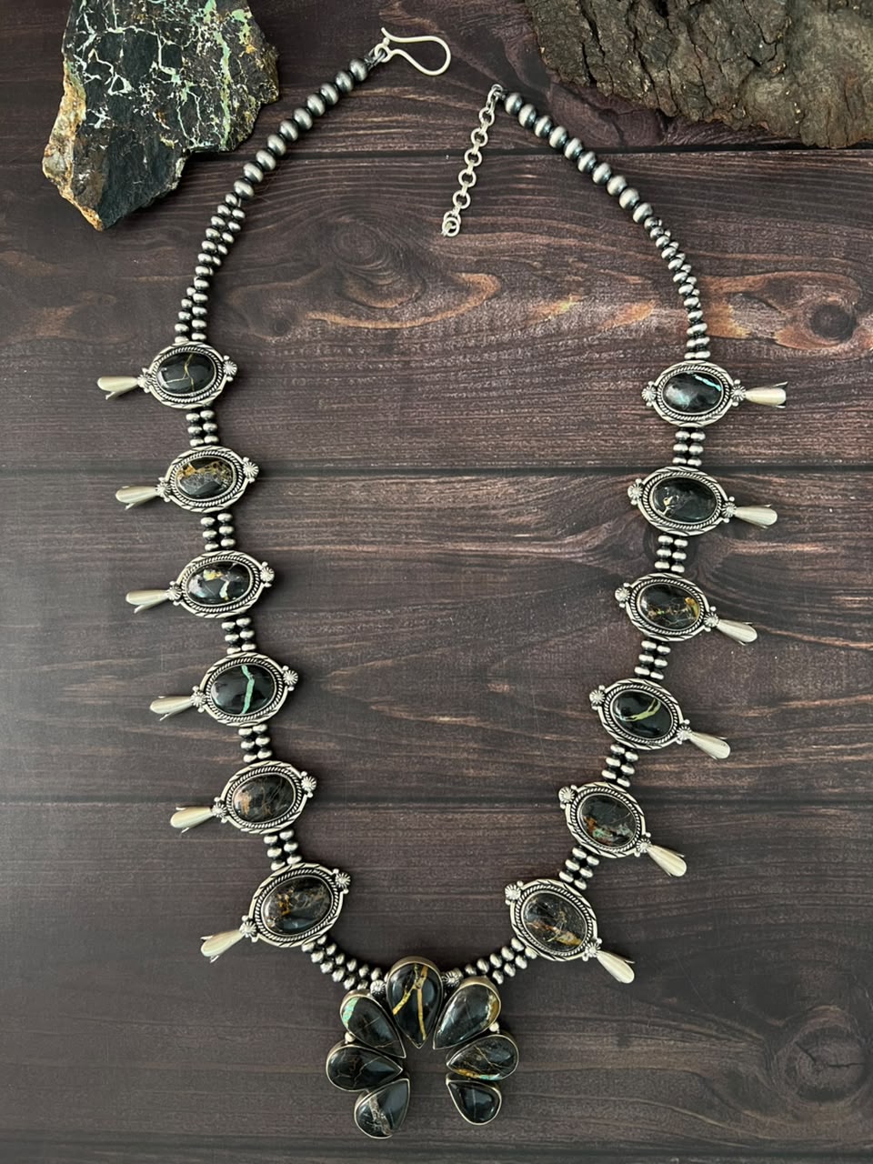 Handmade Sterling Silver Blackjack Turquoise Collection: Squash Blossom Naja Beaded Necklace Signed Nizhoni