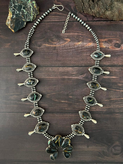 Handmade Sterling Silver Blackjack Turquoise Collection: Squash Blossom Naja Beaded Necklace Signed Nizhoni