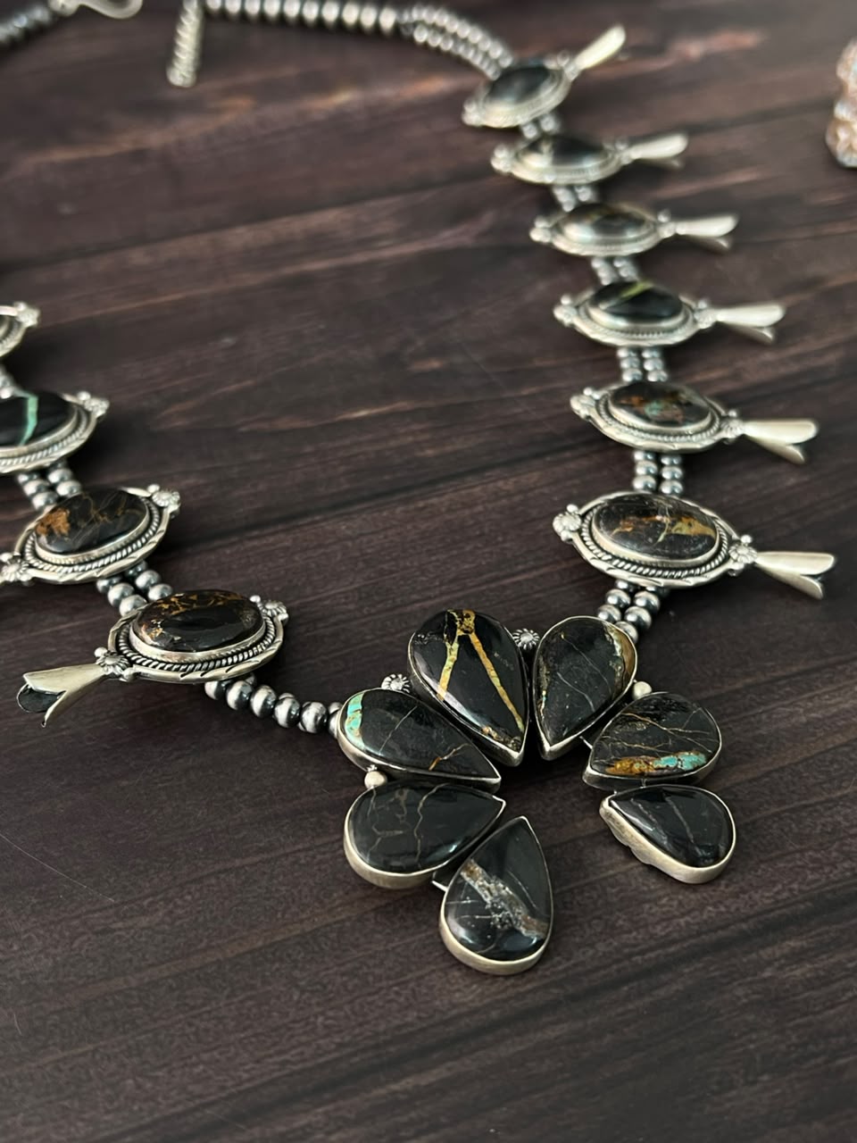 Handmade Sterling Silver Blackjack Turquoise Collection: Squash Blossom Naja Beaded Necklace Signed Nizhoni