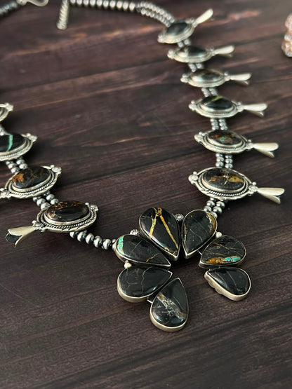 Handmade Sterling Silver Blackjack Turquoise Collection: Squash Blossom Naja Beaded Necklace Signed Nizhoni
