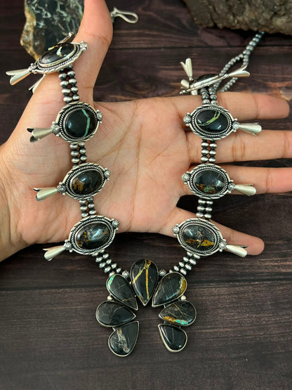 Handmade Sterling Silver Blackjack Turquoise Collection: Squash Blossom Naja Beaded Necklace Signed Nizhoni