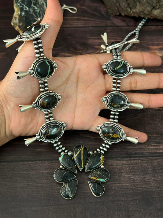 Handmade Sterling Silver Blackjack Turquoise Collection: Squash Blossom Naja Beaded Necklace Signed Nizhoni