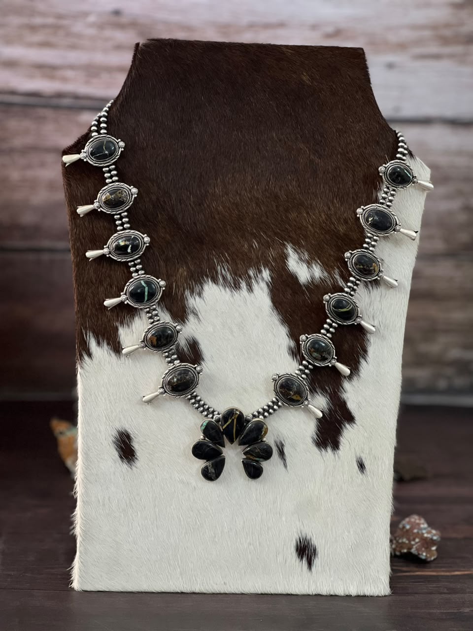Handmade Sterling Silver Blackjack Turquoise Collection: Squash Blossom Naja Beaded Necklace Signed Nizhoni