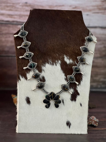 Handmade Sterling Silver Blackjack Turquoise Collection: Squash Blossom Naja Beaded Necklace Signed Nizhoni