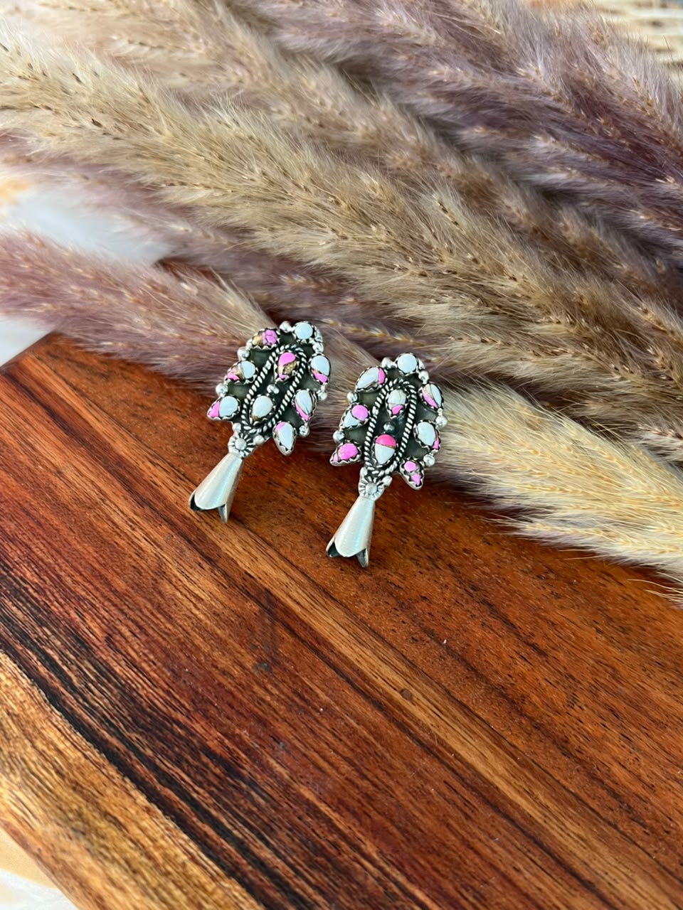 Handmade Sterling Silver Cotton Candy Post Studs Squash Blossom Earrings Signed Nizhoni