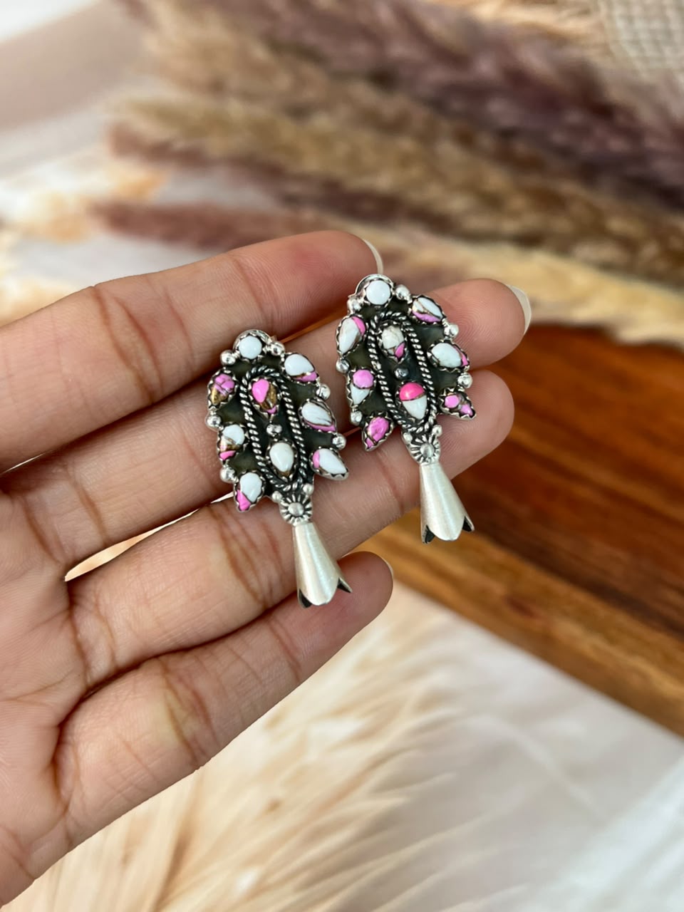 Handmade Sterling Silver Cotton Candy Post Studs Squash Blossom Earrings Signed Nizhoni