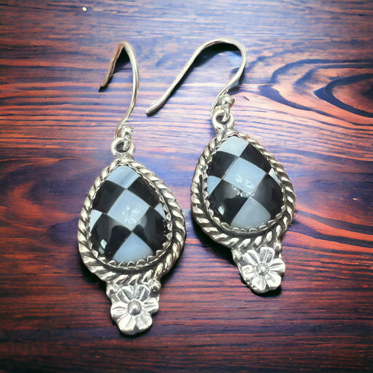 Sterling Silver Daisy & Checkered Oval Drop Earrings (Multi-Stone Western)