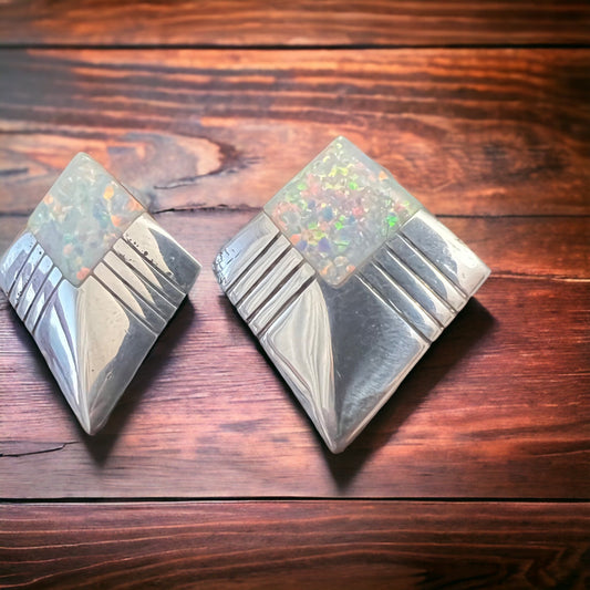 Vintage Navajo-Style Hand-Stamped Sterling Silver Concho & Opal Post Earrings — 1 1/4" Long