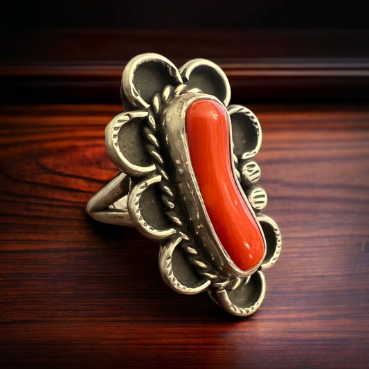 Annie Chapo Hand-Stamped Sterling Silver Coral Ring — Size 7 (Vintage Native American)