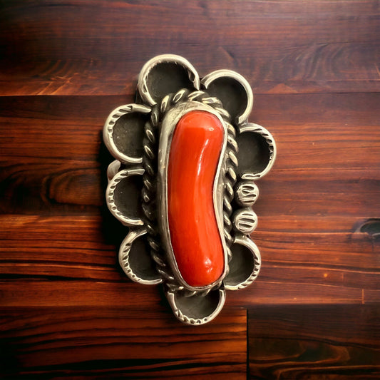Annie Chapo Hand-Stamped Sterling Silver Coral Ring — Size 7 (Vintage Native American)