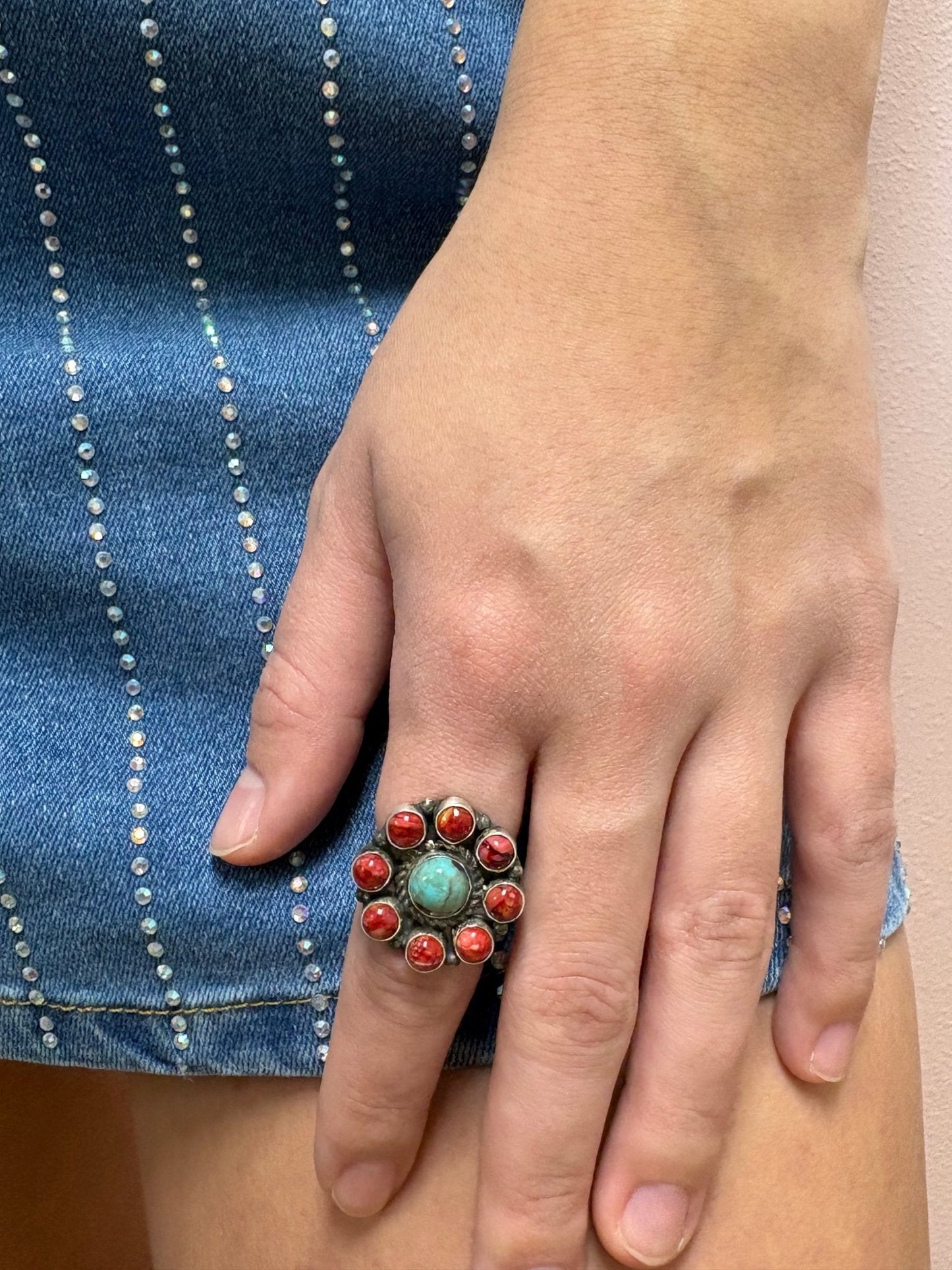 Devin Brown Navajo Handmade Sterling Silver Coral/Turquoise Adjustable Ring - Size 7.5 - 9