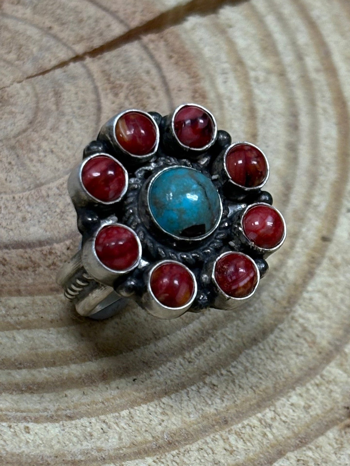 Devin Brown Navajo Handmade Sterling Silver Coral/Turquoise Adjustable Ring - Size 7.5 - 9